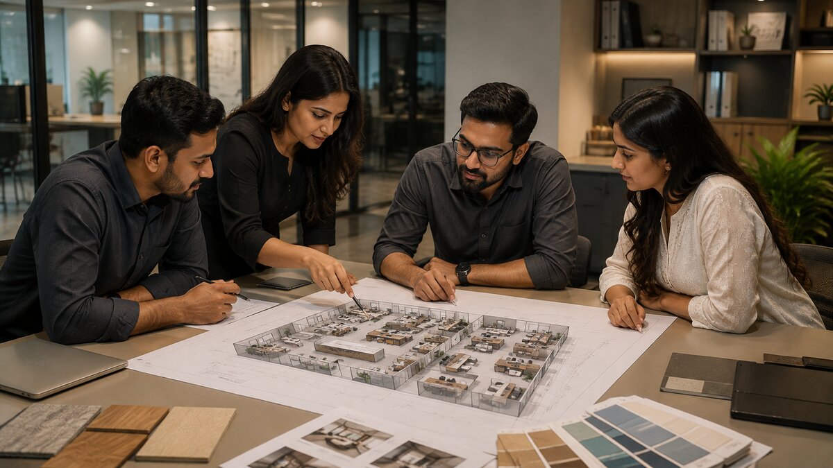 Raisa Interior design team reviewing an office layout